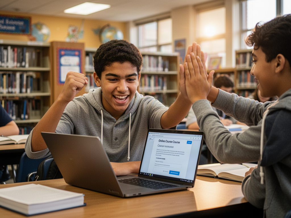 A Latino student celebrates finishing an online course in the library as a friend high-fives him