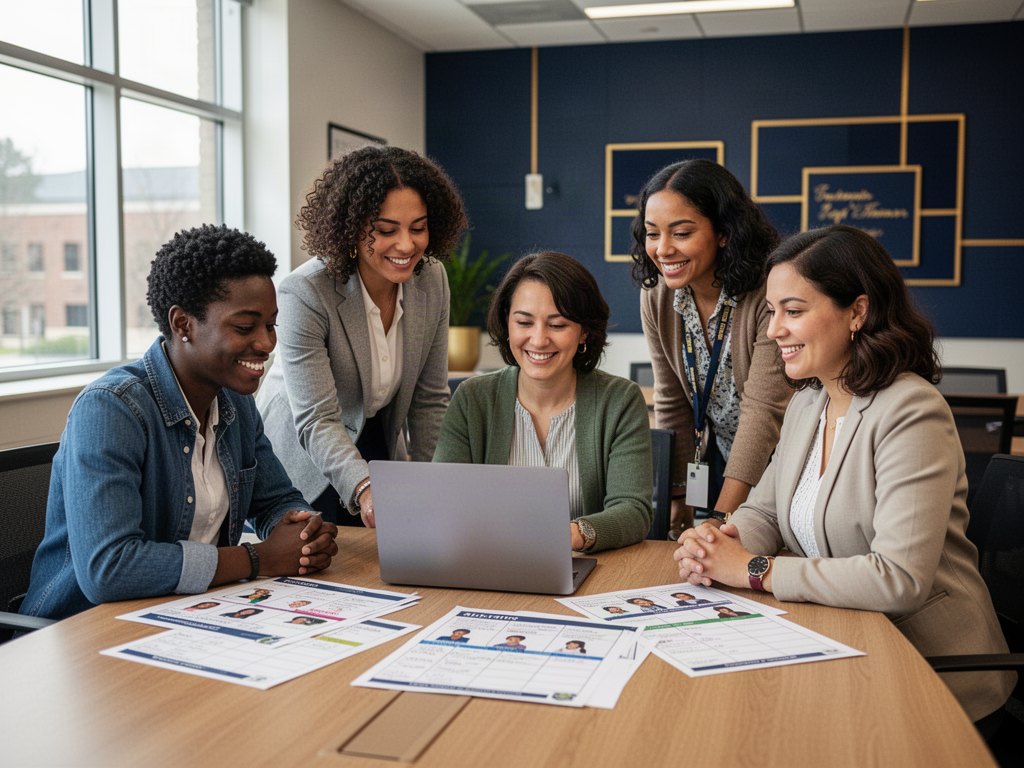 Black and Latina educators and a counselor collaborate over a laptop and printed student plans