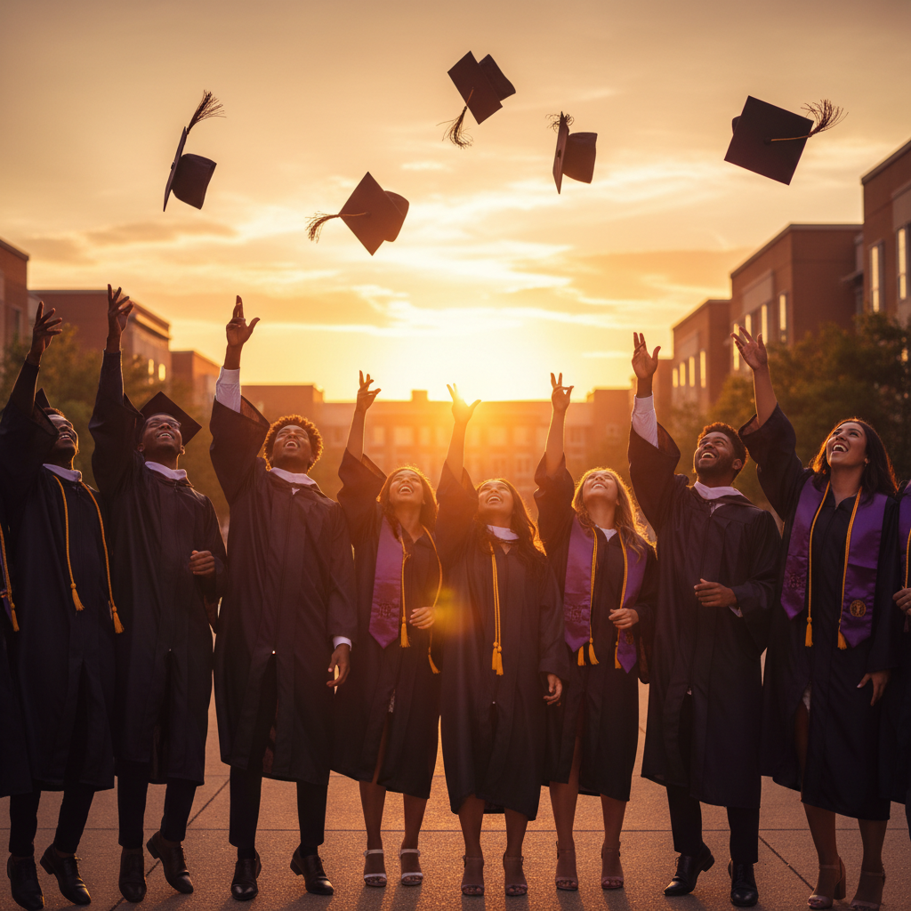 Graduates tossing their caps in the air at sunset