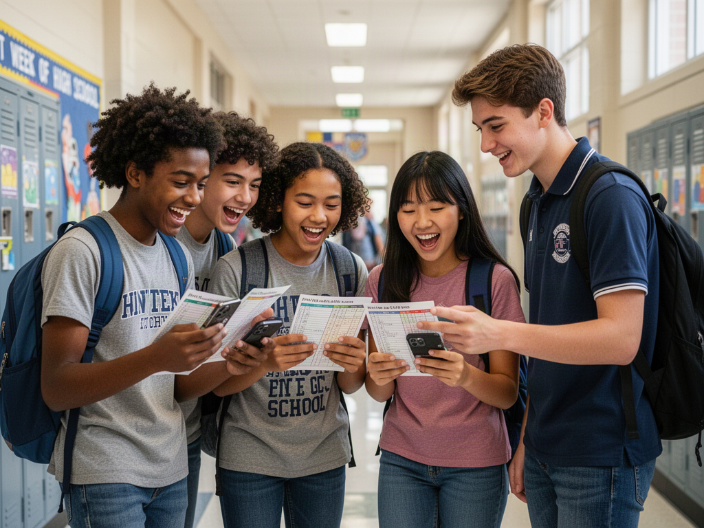 Excited ninth graders check their schedules on phones while an upperclass mentor helps