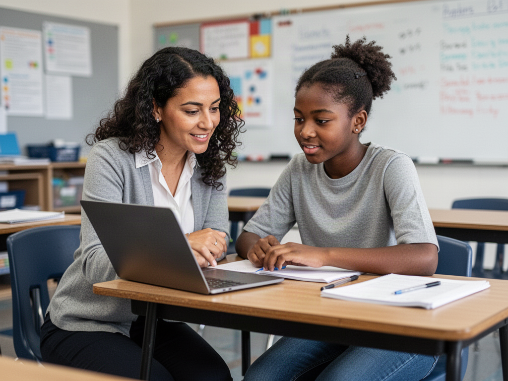 A teacher kneels beside a determined student's desk to review work together on a laptop