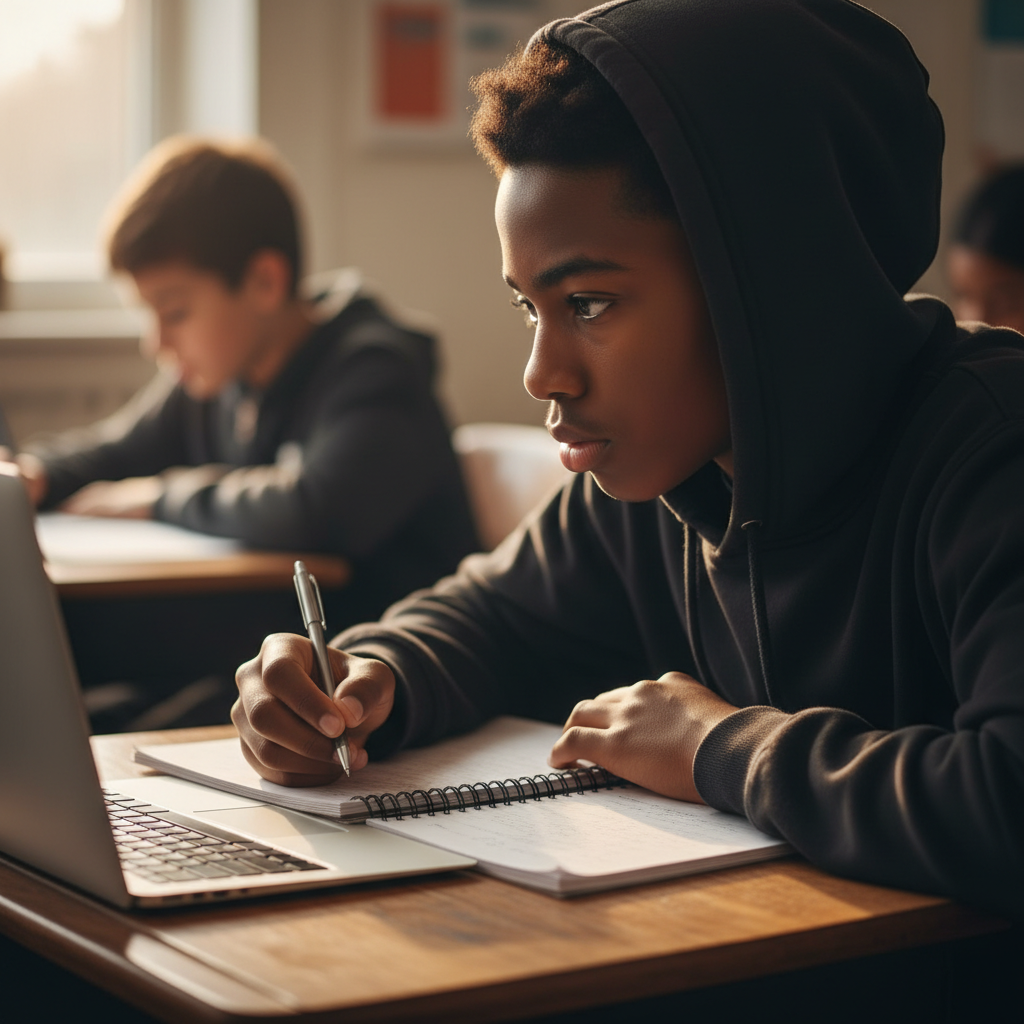 Student focused on schoolwork at his desk