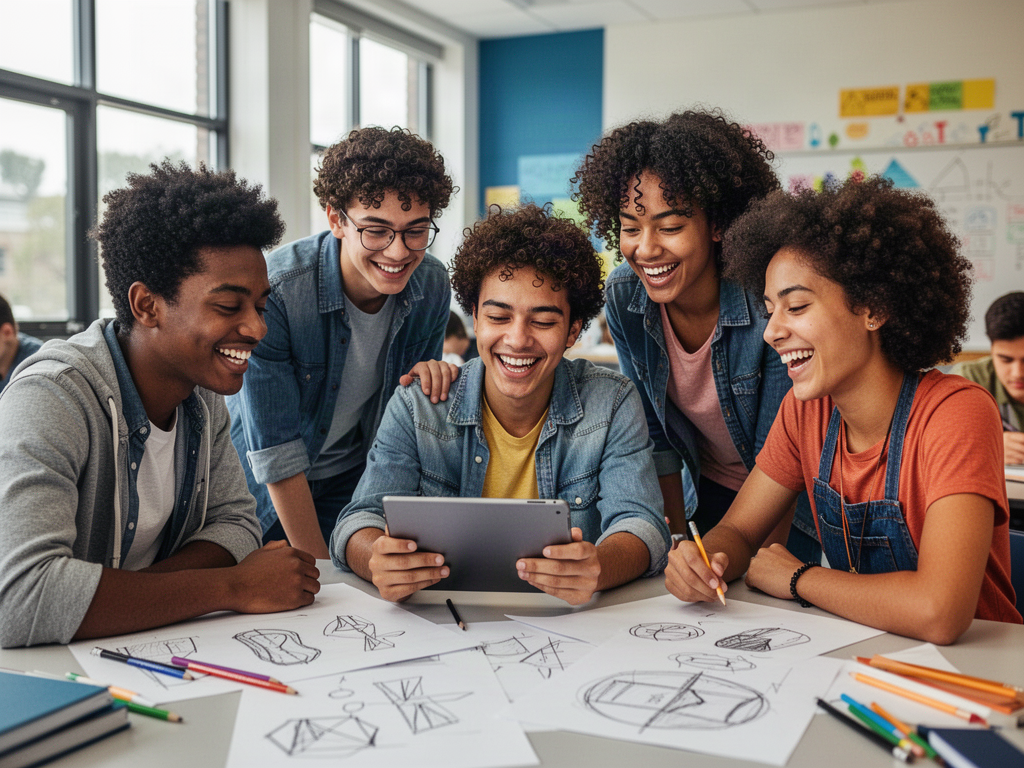 High school students laugh while collaborating on a creative project with a tablet and sketches