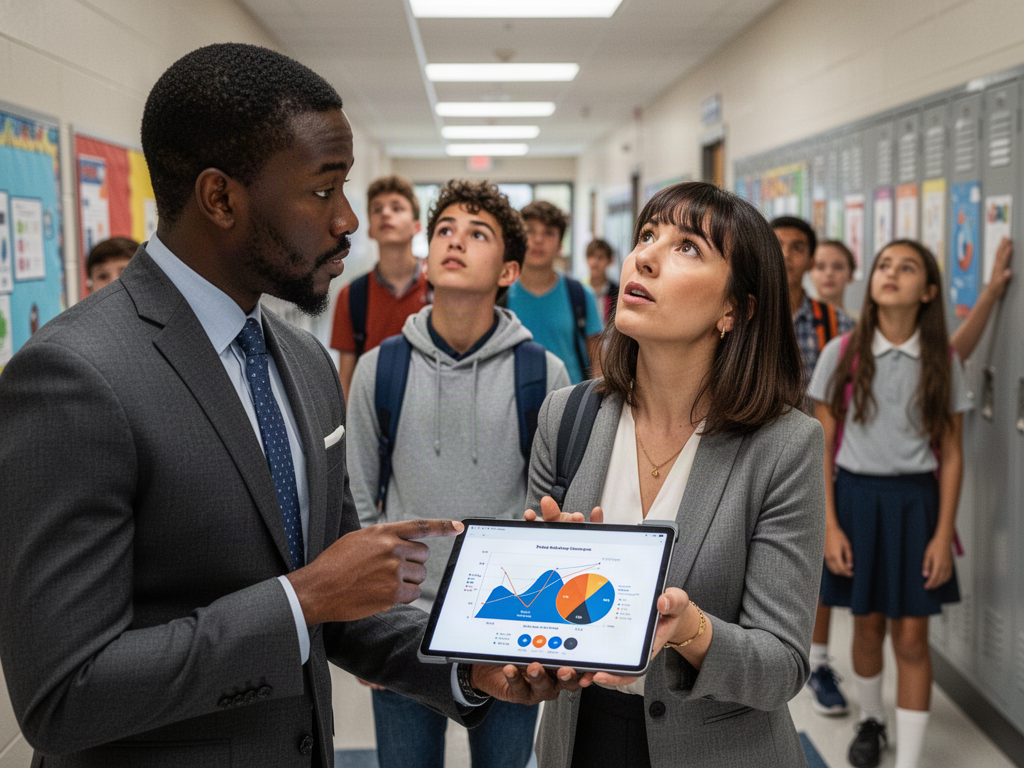 An assistant principal and a teacher review student trends on a tablet in a school hallway