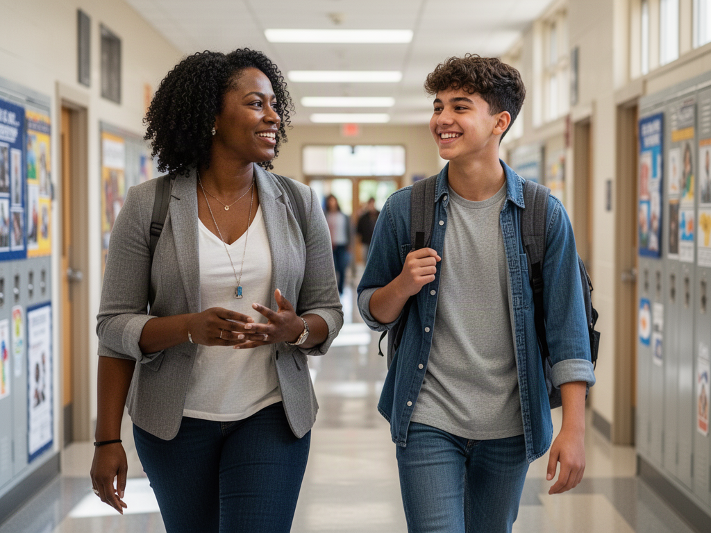 A counselor and a smiling teenage student walk and talk down a bright school hallway