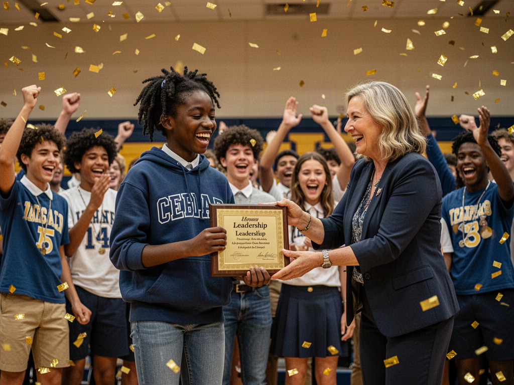 A student receives a leadership award from a teacher as classmates cheer at an assembly