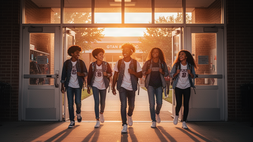 High school students arriving at school in the morning light