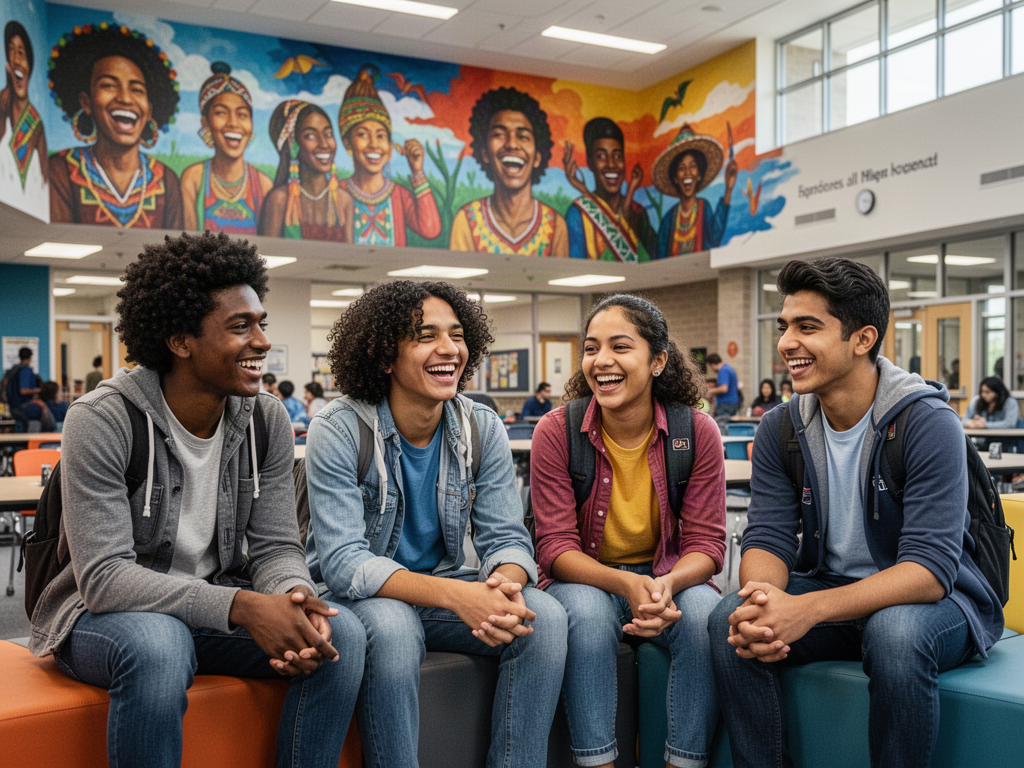 Friends laugh together in a school commons decorated with cultural murals