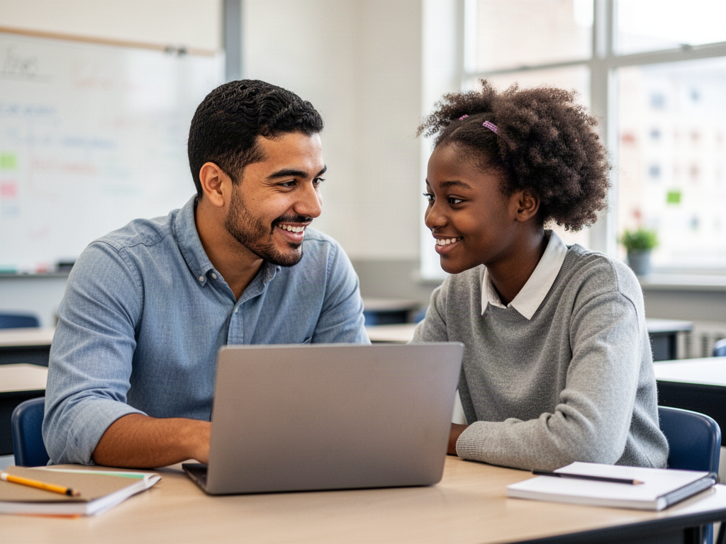 A Latino teacher and a Black student talk after class while looking at a laptop