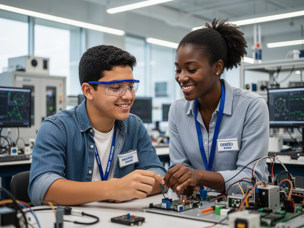A Latino student intern in safety glasses learns from a Black female engineer in a tech workshop