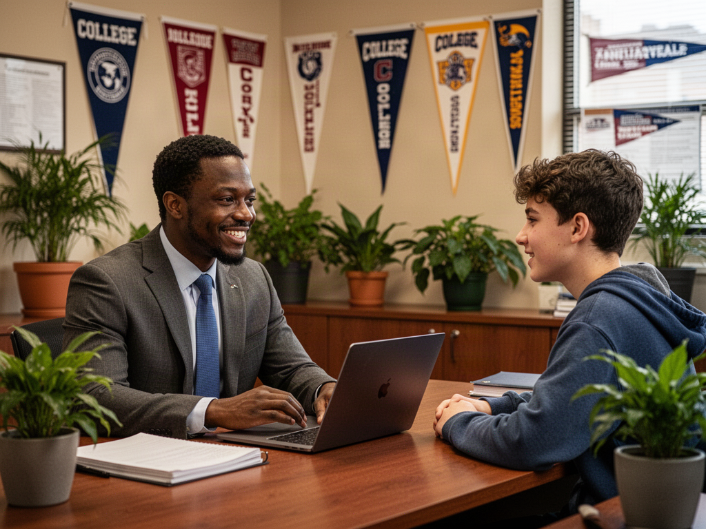 A Black male counselor meets with a student in a welcoming office lined with college pennants