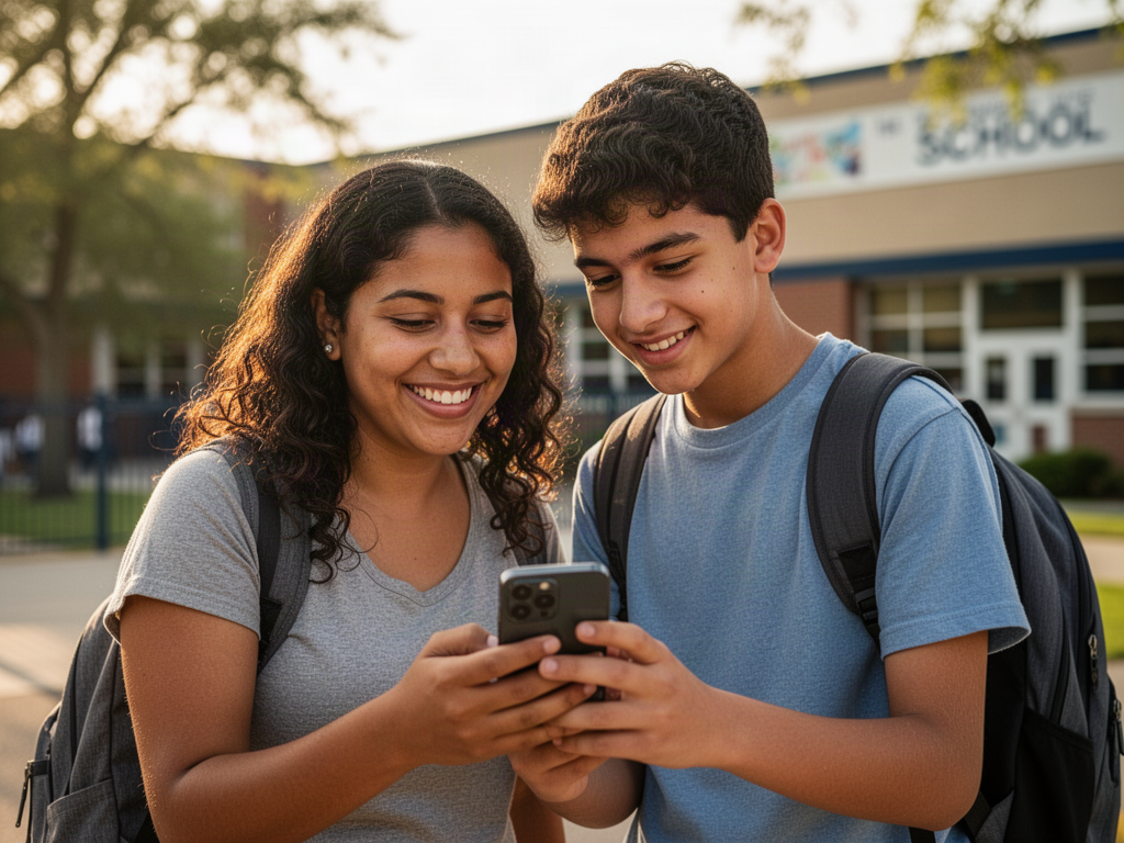 Mother and teenage son reading a school update on a phone