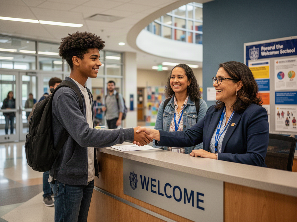 A teenage student and his mother are welcomed back by a school staff member with a handshake